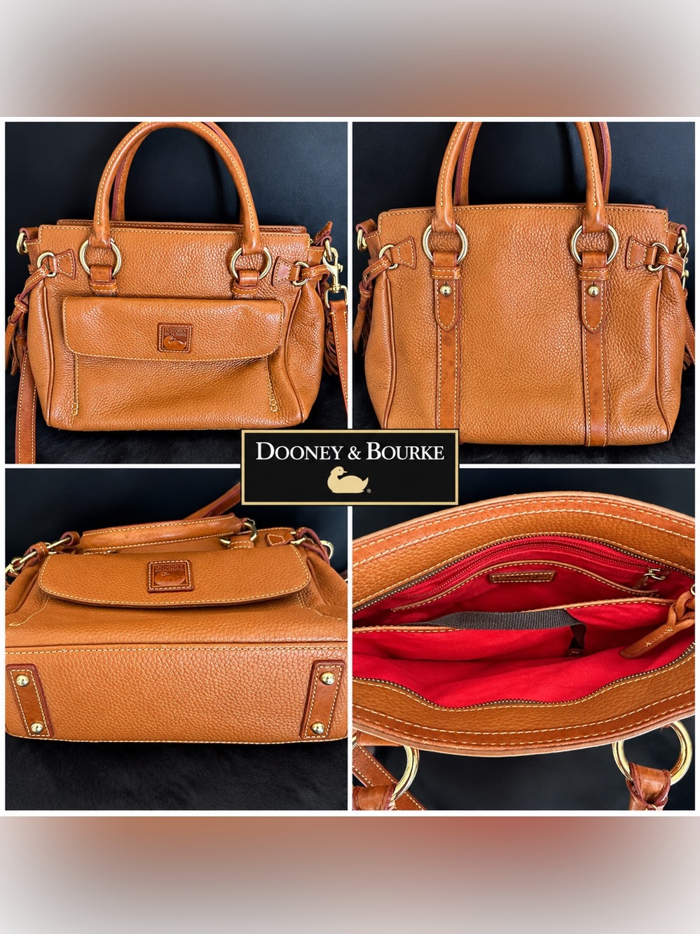 Dooney & Bourke Pebbled Leather Satchel in Cognac with Red Interior